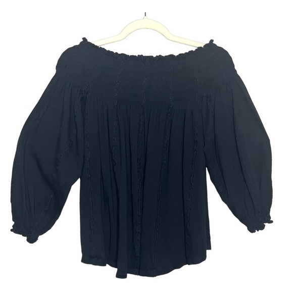 Lauren Ralph Lauren Smocked Embroidered Cotton and Modal Top Black Size Large - Picture 2 of 9